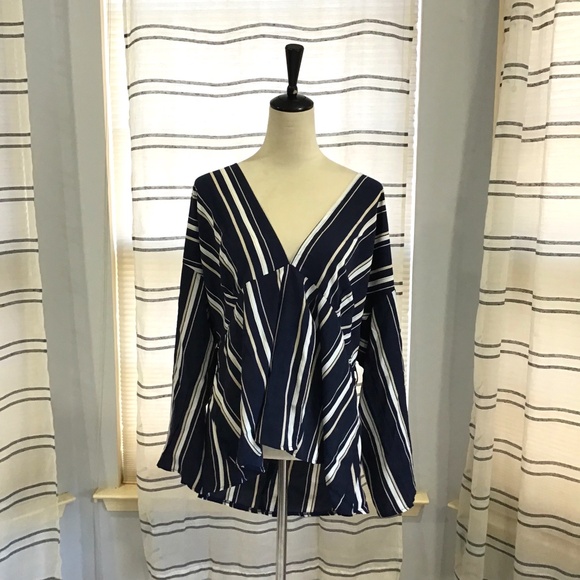 Boohoo Plus Tops - Boohoo Women Size 14 Navy Striped V Neck Flare 3/4 Sleeve Smock Top Belted